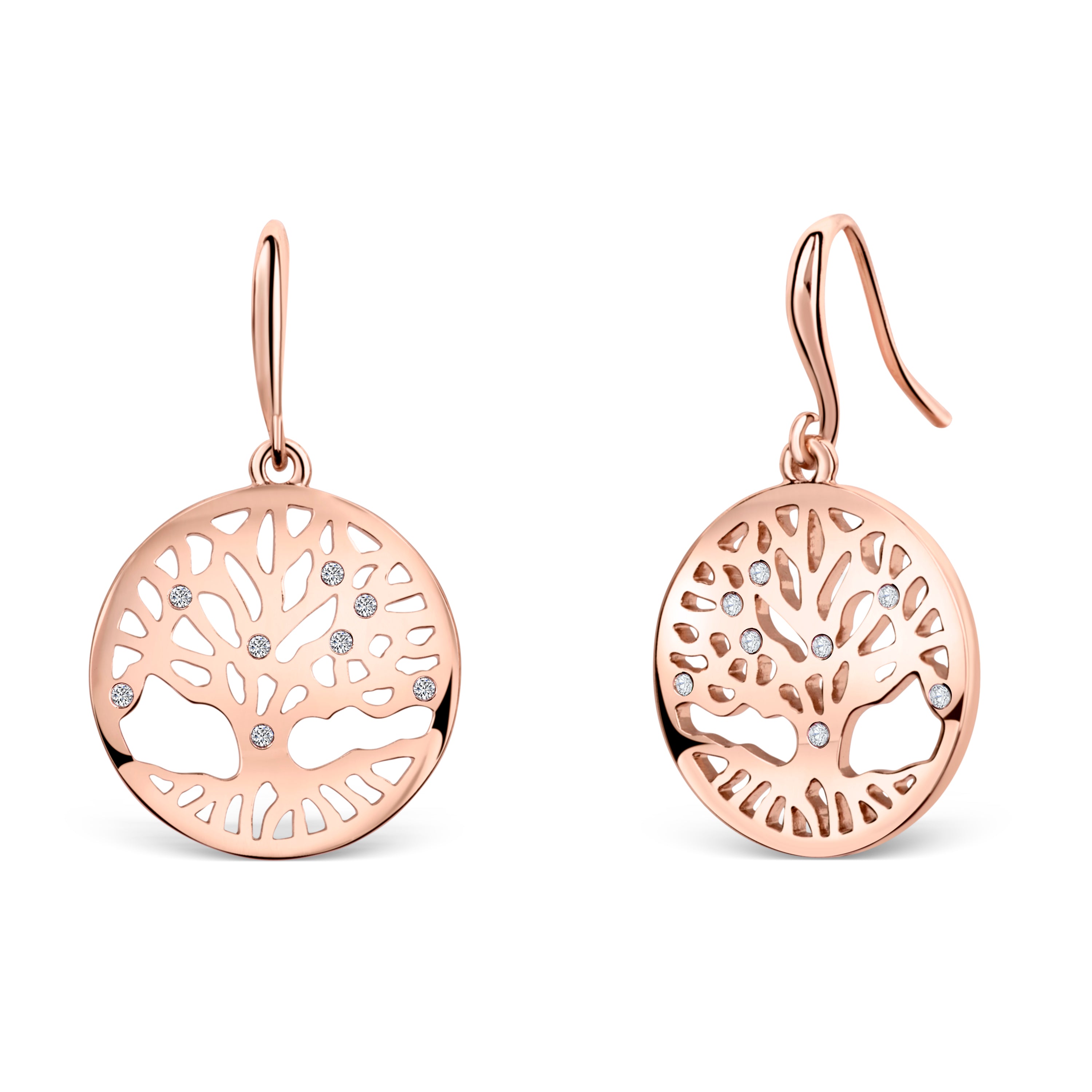 Gold Ohrringe mit runden Lebensbaum-Anhängern und funkelnden Kristallen von Crystalp