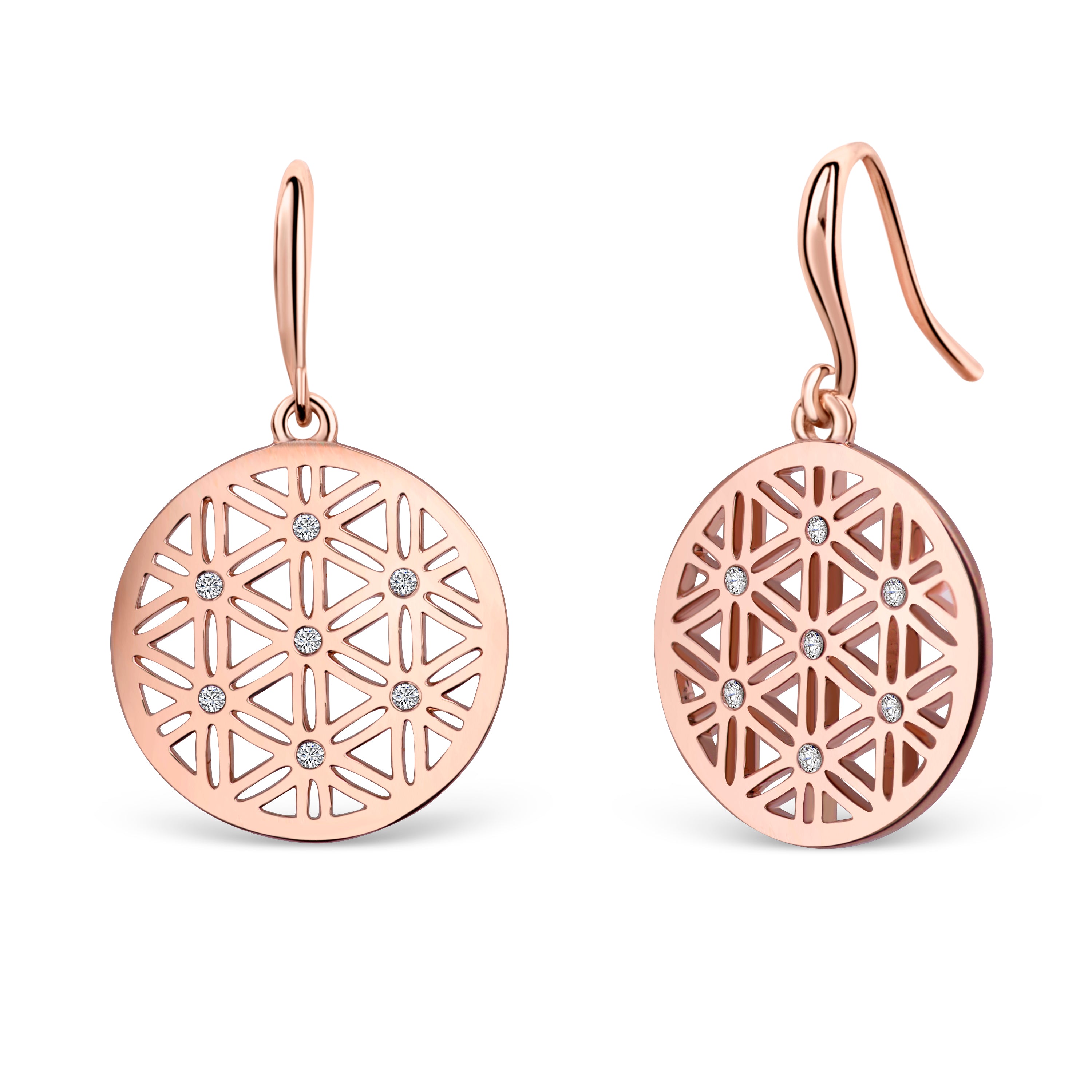 Roségold Ohrringe mit runden Ornament-Anhängern und funkelnden Kristallen von Crystalp