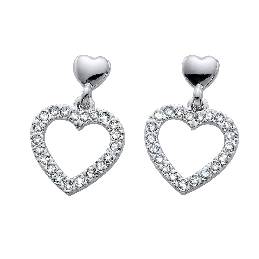 Herz Ohrhänger silberfarben mit Kristallen, romantisches Design.