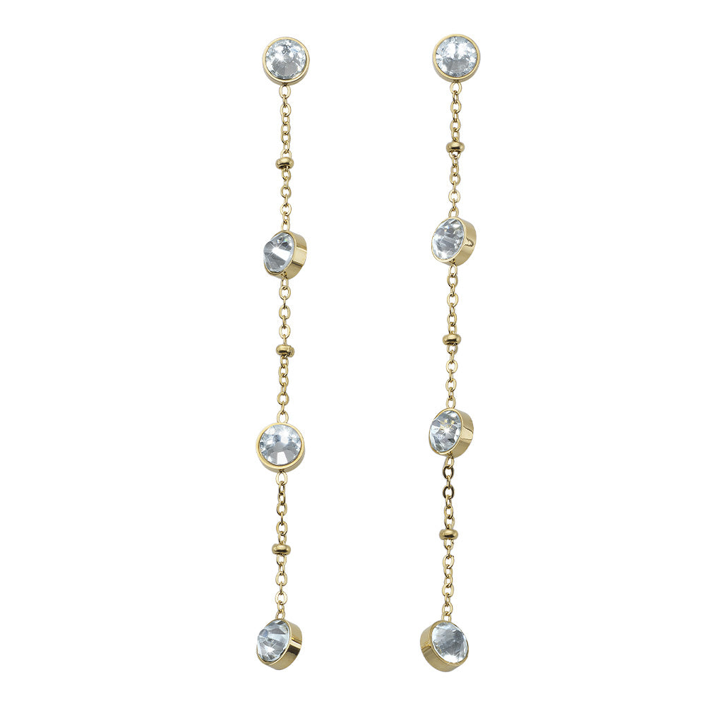 Lange goldfarbene Ohrhänger mit klaren Kristallen in Kettenoptik.