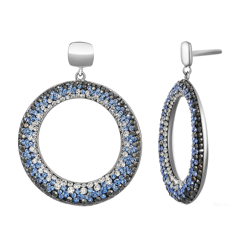 Runde Ohrhänger mit blau, schwarz und klar funkelnden Kristallen. von Crystalp