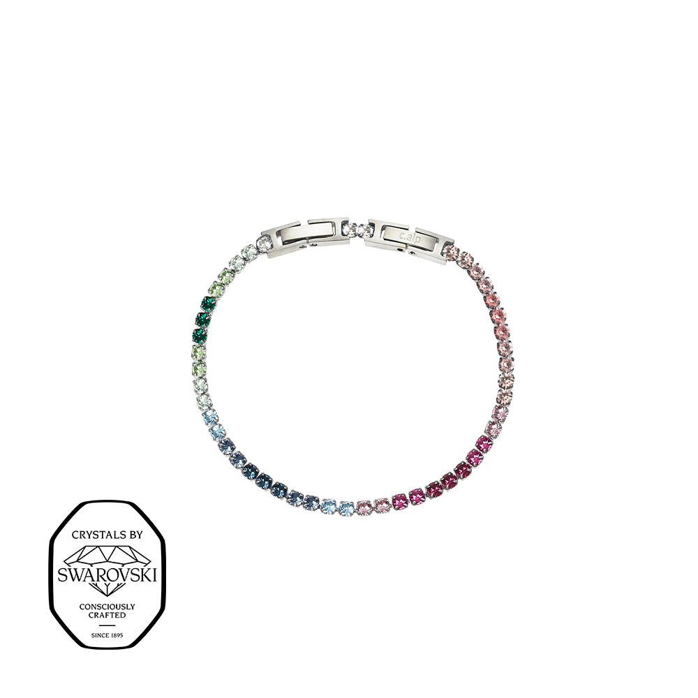 Silberfarbenes Armband mit funkelnden Kristallen in Regenbogenfarben, Marke Crystalp