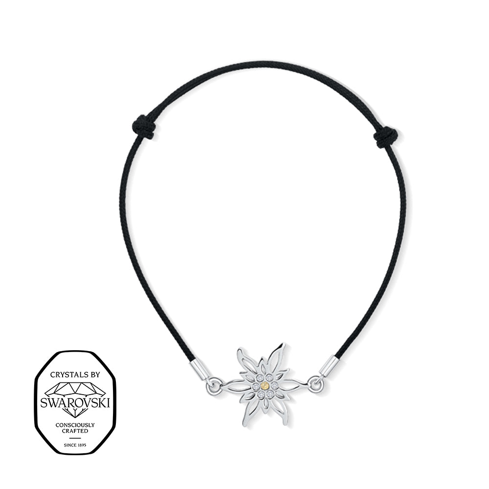 Armband mit Edelweiss-Motiv und Swarovski® Kristallen auf schwarzem Textilband.