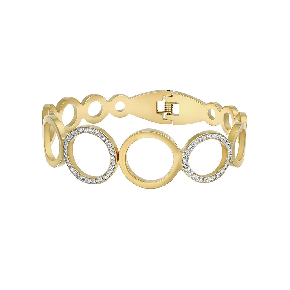 Goldfarbenes Armband mit offenen Kreis-Elementen und funkelnden Kristallen, Marke Crystalp
