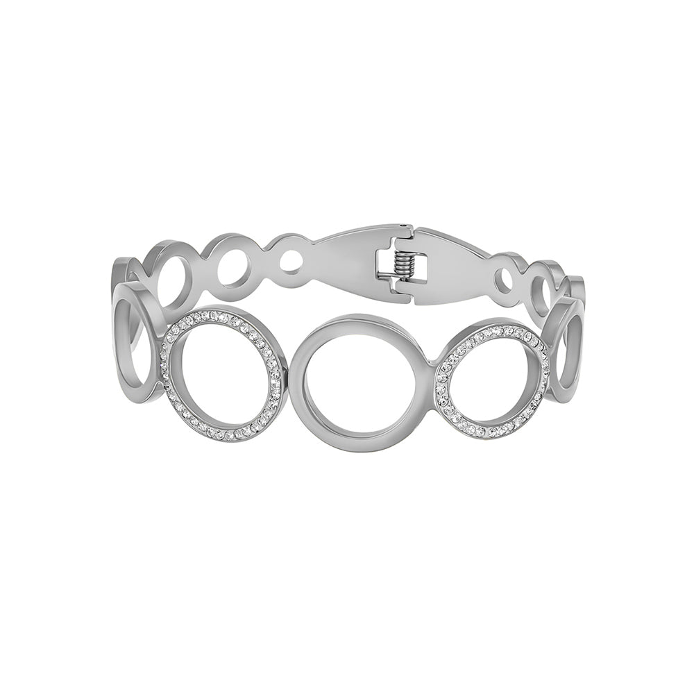 Silberfarbenes Armband mit offenen Kreis-Elementen und funkelnden Kristallen, Marke Crystalp