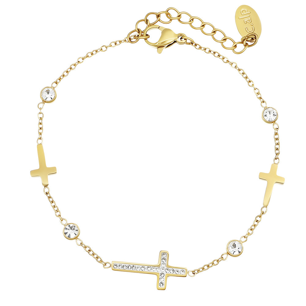 Crystalp Multiple Cross Bracelet aus Edelstahl in Gold, filigranes Armband mit Kreuz-Design verziert