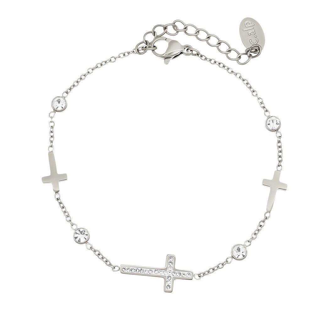 Crystalp Lustre Bracelet aus Edelstahl in Silber, filigranes Armband mit Swarovski® Kristallen verziert und Kreuz-Design