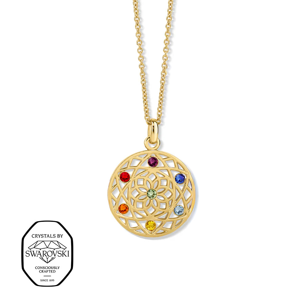 Blume des Lebens Kette vergoldet mit Swarovski® Kristallen in Regenbogenfarben.