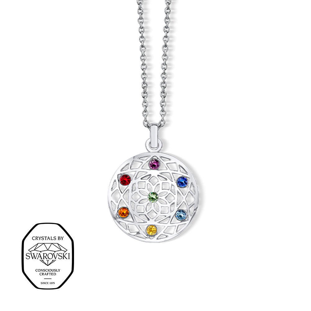 Blume des Lebens Kette silberfarben mit Swarovski® Kristallen in Regenbogenfarben.