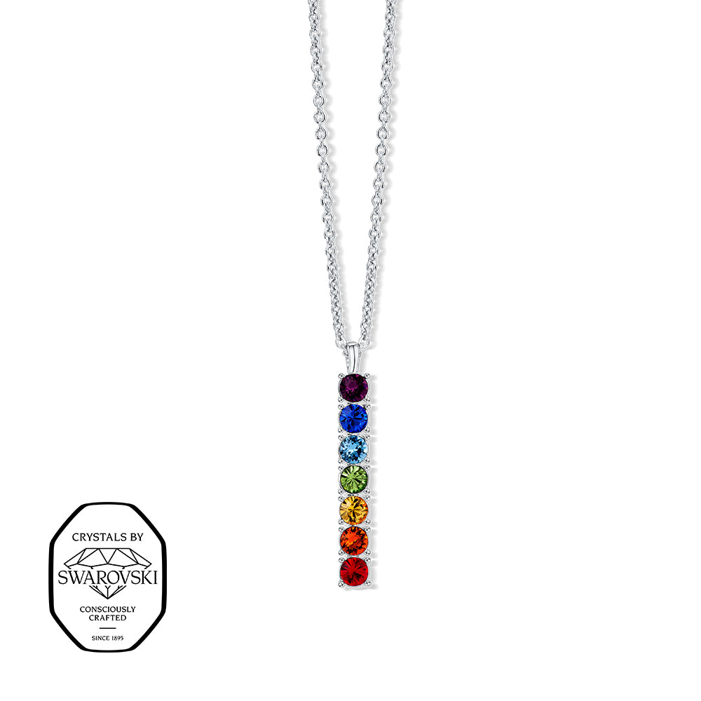 Silberfarbene Halskette mit vertikalem Anhänger aus sieben farbigen Swarovski® Kristallen in Regenbogenfarben.