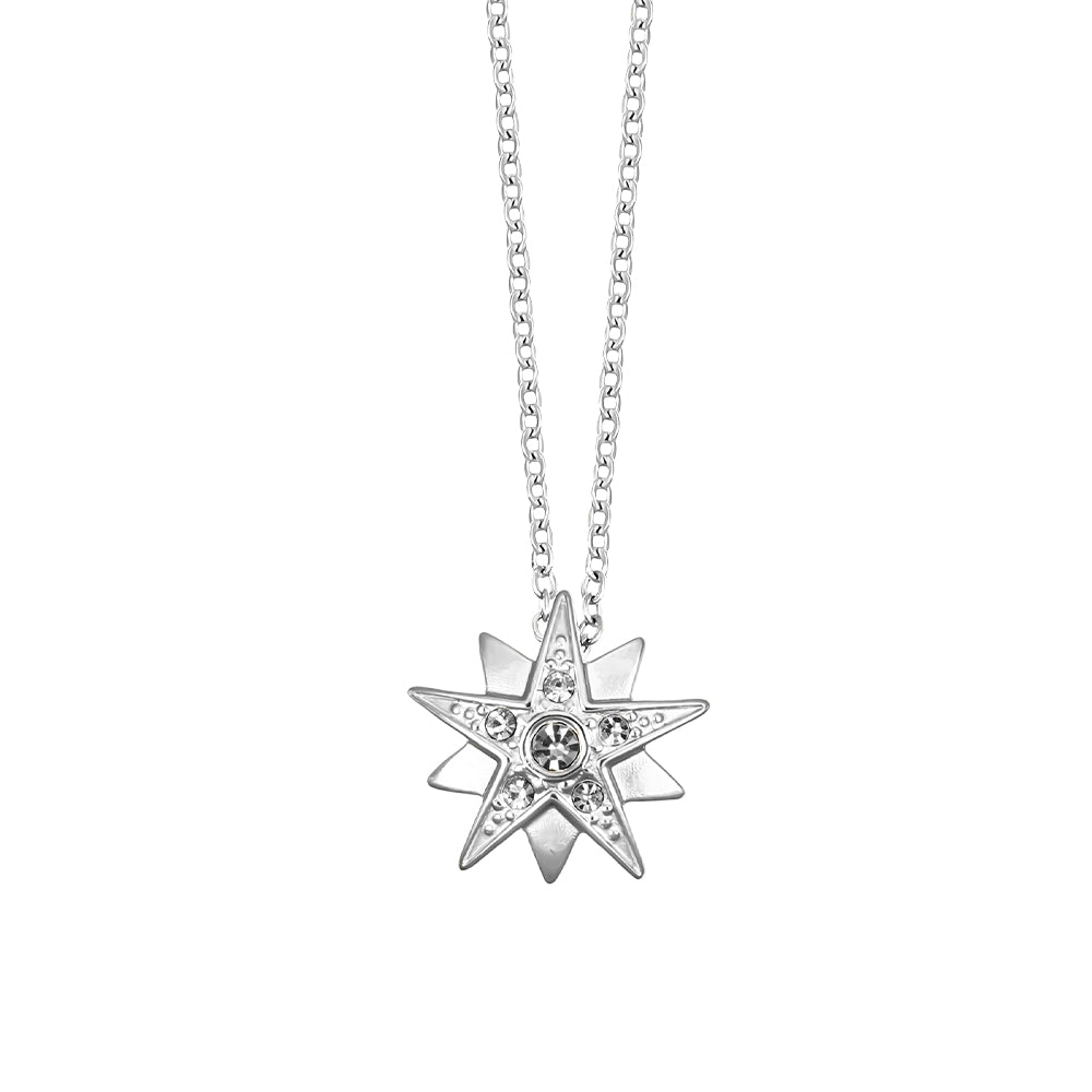 Silberfarbene Damen-Halskette mit funkelndem Stern-Anhänger und Kristallen, eleganter Modeschmuck von Crystalp