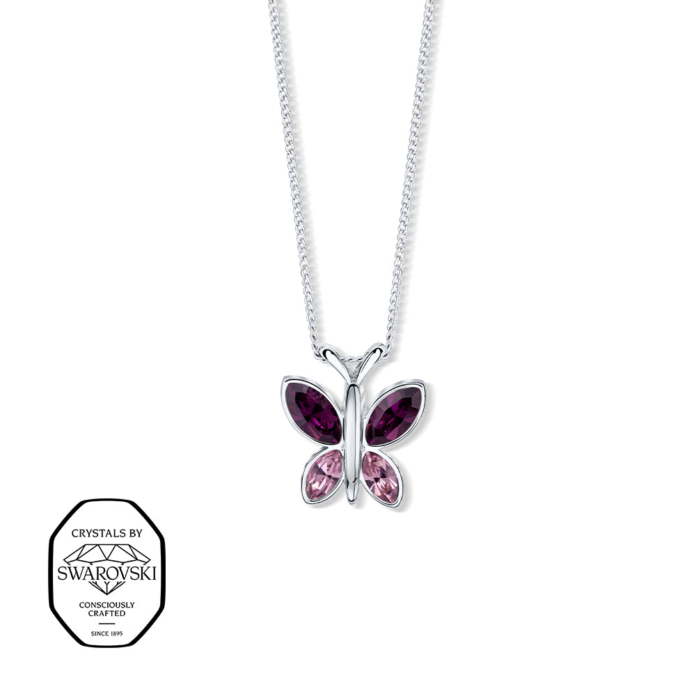 Silberne Halskette mit Schmetterlingsanhänger, besetzt mit Swarovski® Kristallen in Dunkelviolett und Rosa.