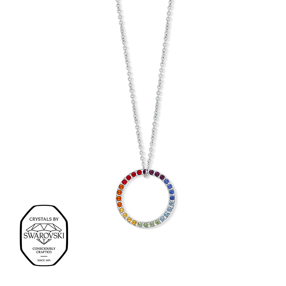 Silberne Halskette mit rundem Anhänger, besetzt mit Swarovski® Kristallen in Regenbogenfarben.