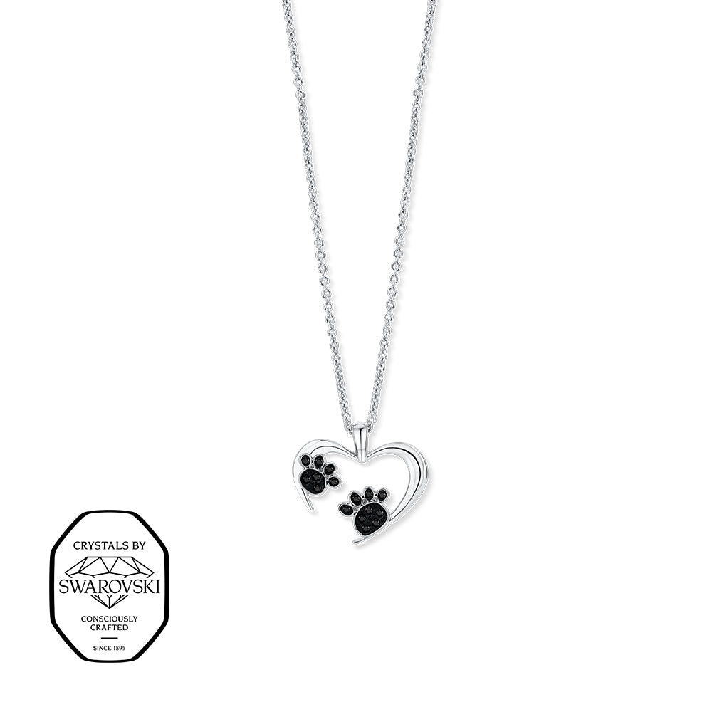 Silberne Halskette mit Herzanhänger, verziert mit zwei schwarzen Pfoten aus Swarovski® Kristallen.