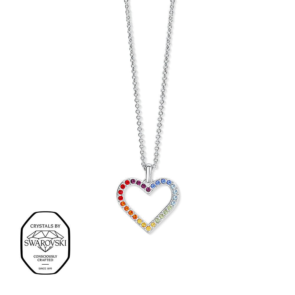 Herzkette in Silber mit Swarovski® Kristallen in Regenbogenfarben, offenes Herzdesign an feiner Kette.