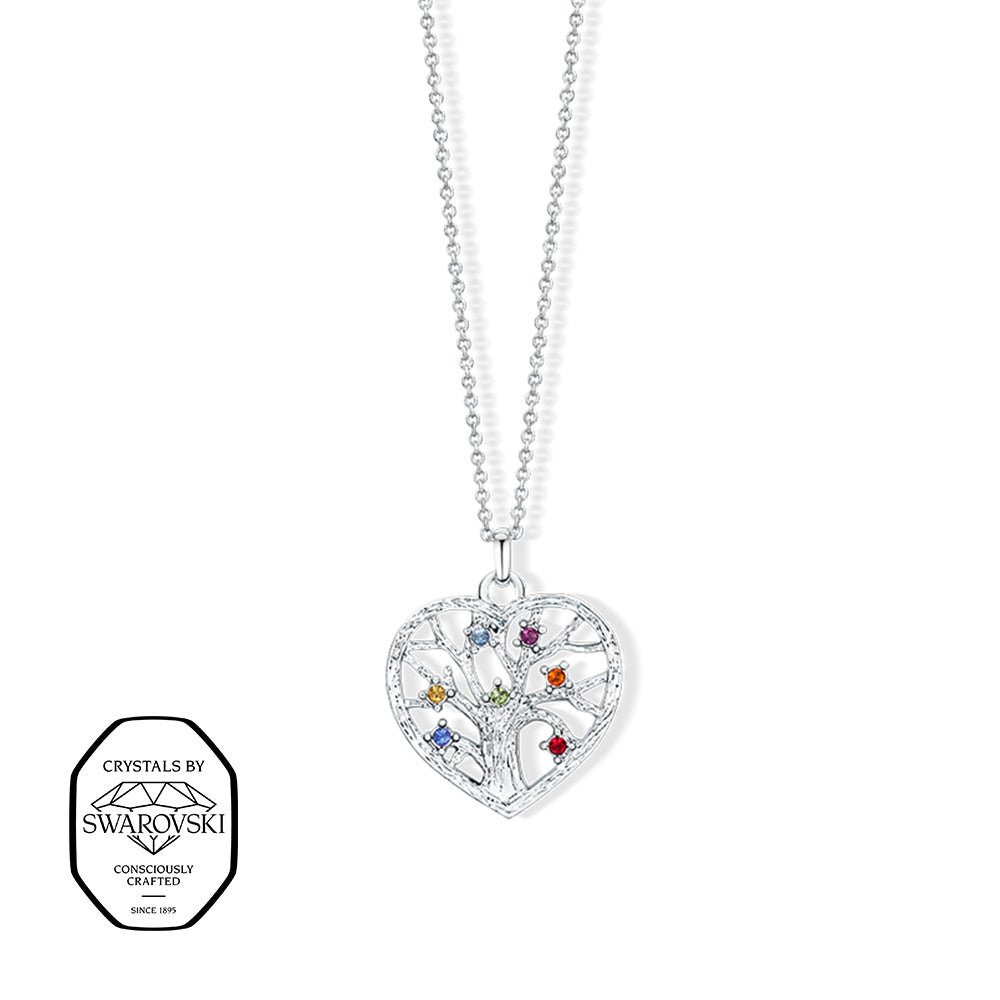 Herzkette mit Lebensbaum und bunten Swarovski® Kristallen, an feiner Silberkette.