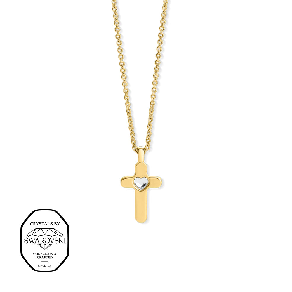 Vergoldete Halskette mit Kreuzanhänger, mittig verziert mit einem funkelnden Herz aus Kristallen von Swarovski®. Schlichte, glänzende Oberfläche mit feiner Gliederkette.