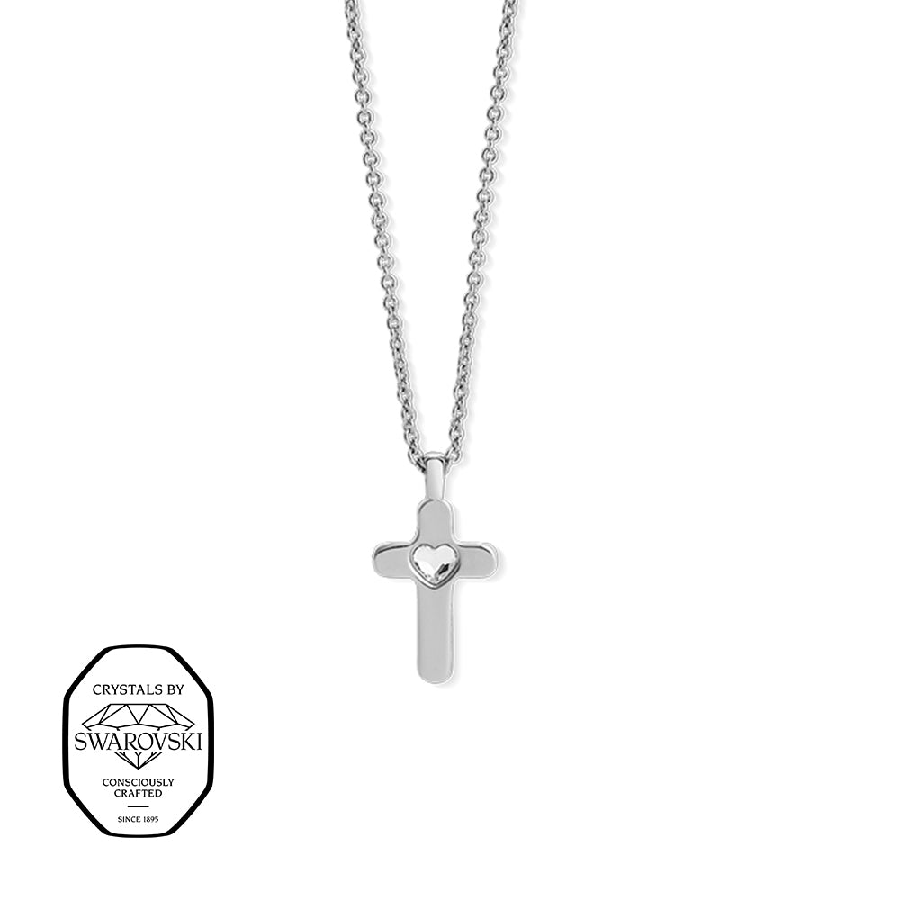 Feine Halskette mit silberfarbenem Kreuzanhänger, in der Mitte verziert mit einem kleinen, funkelnden Herz aus Kristallen von Swarovski®. Schlichtes, glänzendes Design an zarter Gliederkette.