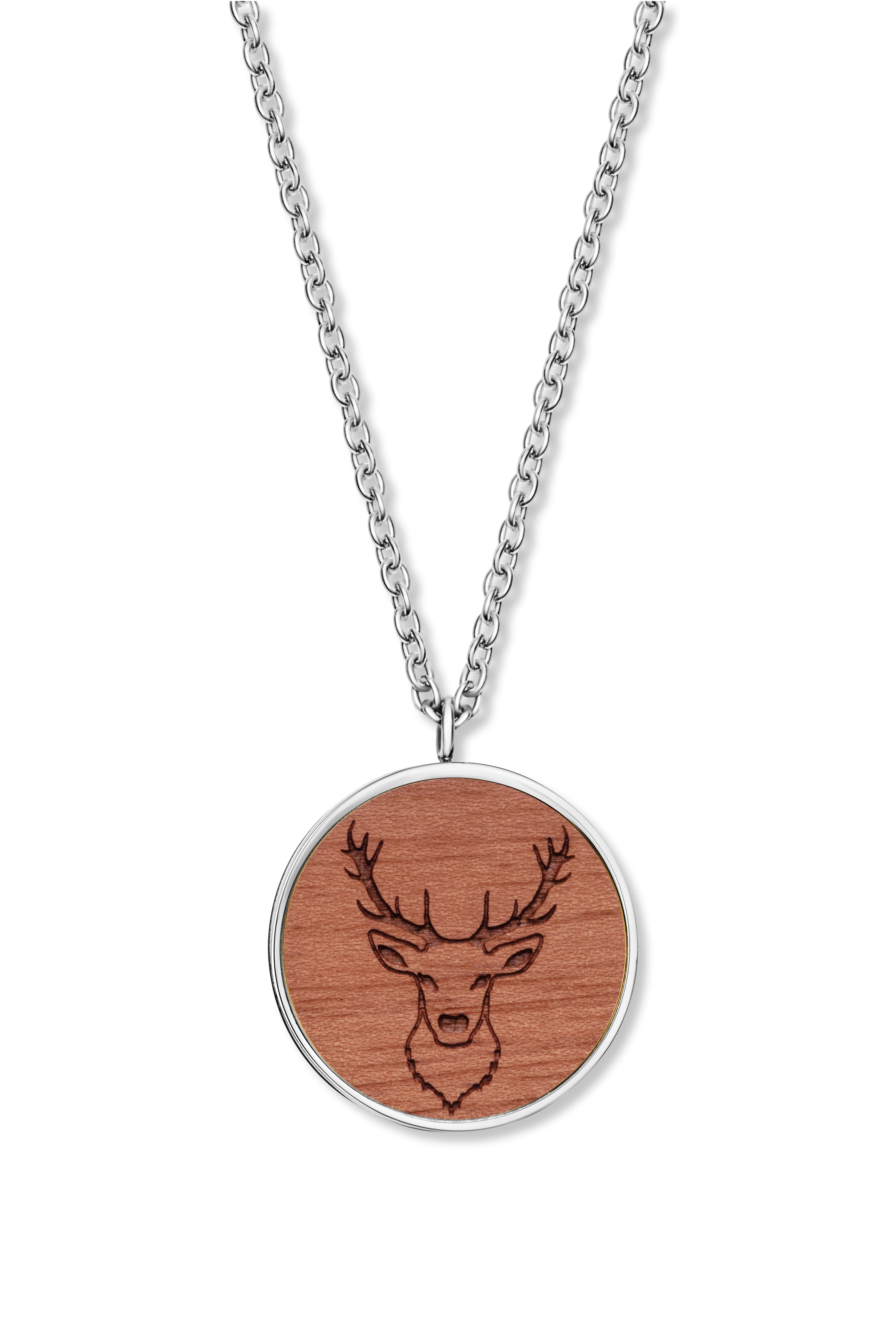 Silber Halskette mit ovalem Holzanhänger und Hirsch-Motiv von Crystalp