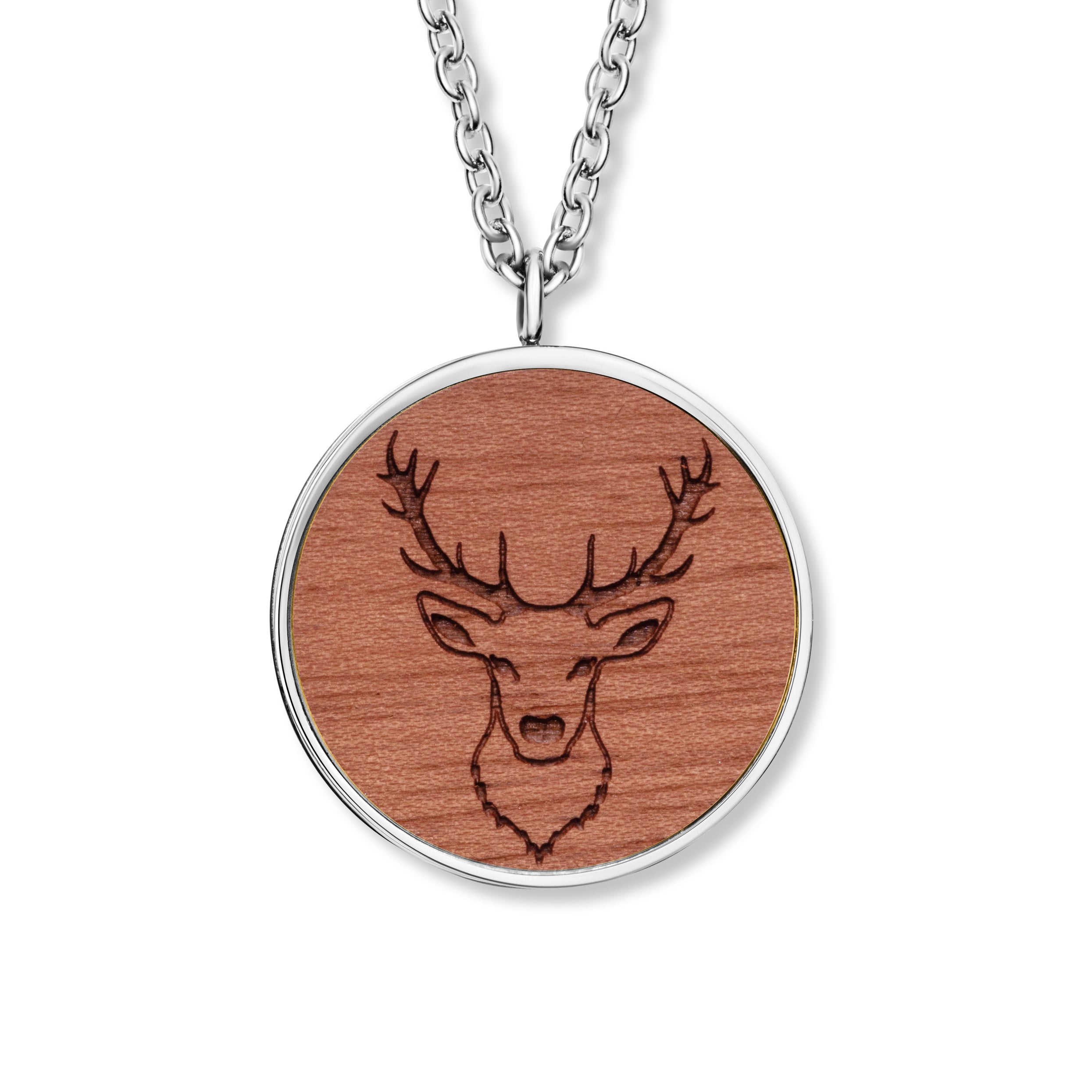 Silber Halskette mit ovalem Holzanhänger und Hirsch-Motiv von Crystalp