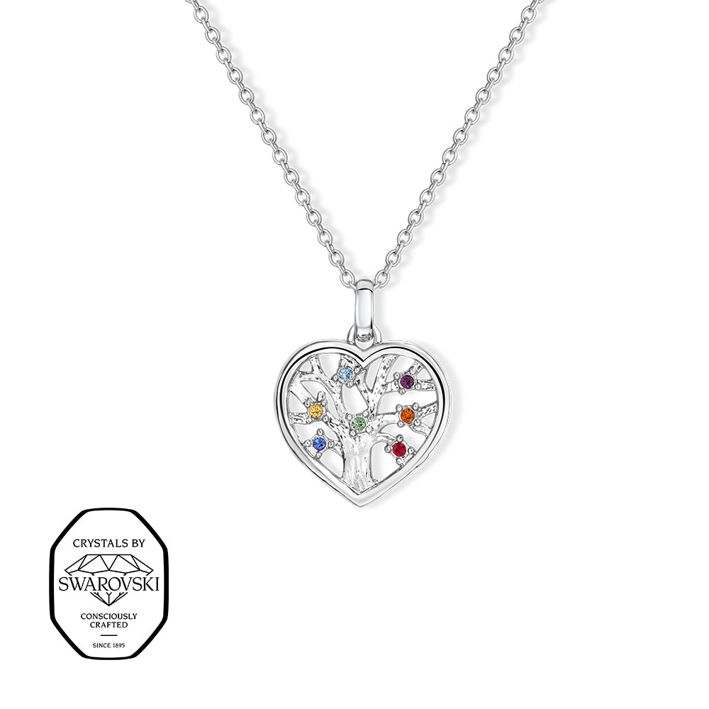 Halskette mit herzförmigem Anhänger, Lebensbaum-Motiv und bunten Swarovski® Kristallen.