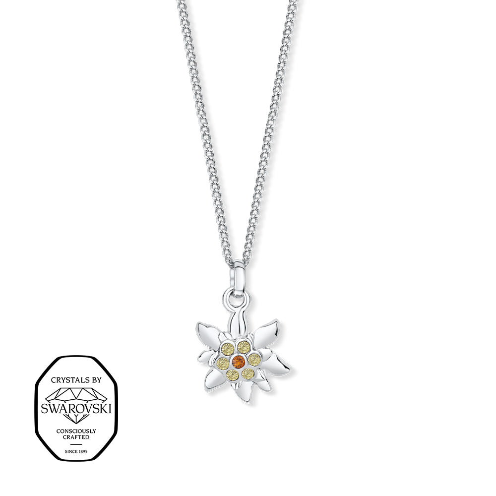 Silberfarbene Halskette mit Edelweiß-Anhänger, besetzt mit gelben und orangefarbenen Swarovski® Kristallen.