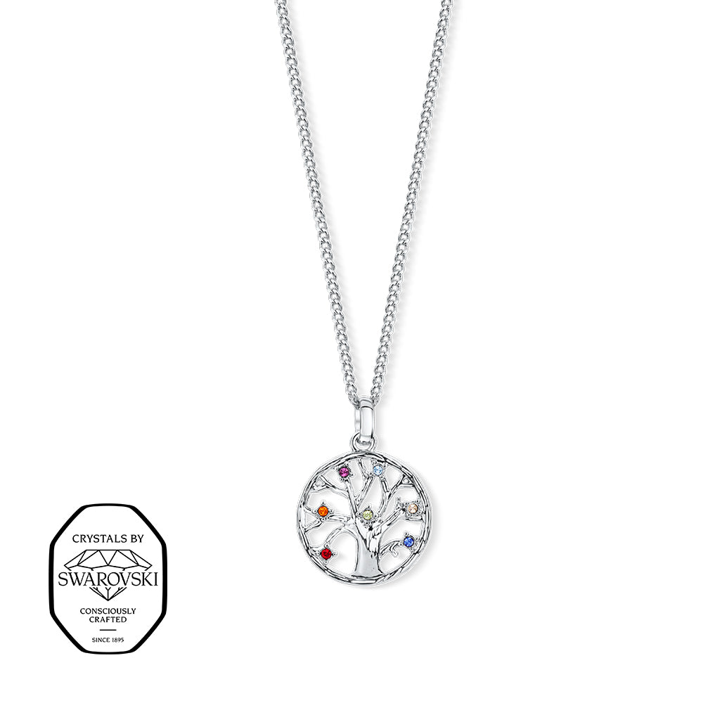 Feine Silberhalskette mit rundem Lebensbaum-Anhänger, verziert mit bunten Kristallen von Swarovski®