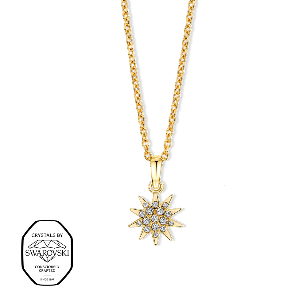 Vergoldete Halskette mit funkelndem Sonnen-Anhänger aus klaren Swarovski® Kristallen.