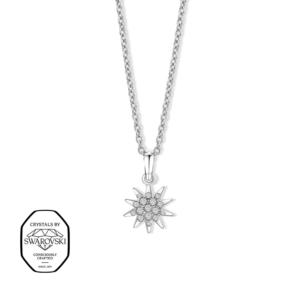 Silberfarbene Halskette mit funkelndem Sonnen-Anhänger aus klaren Swarovski® Kristallen.
