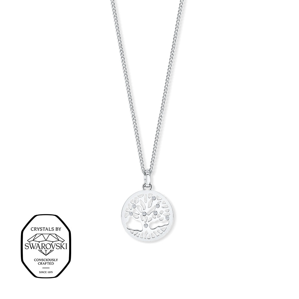 Silberfarbene Halskette mit rundem Medaillonanhänger, gestaltet als Lebensbaum mit klaren Swarovski® Kristallen.