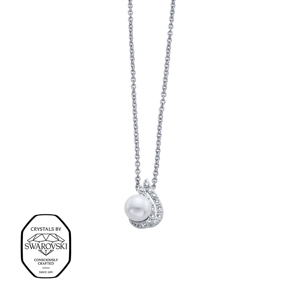 Silberfarbene Halskette mit zarter Fassung, besetzt mit Swarovski® Kristallen und einer weißen Perle.