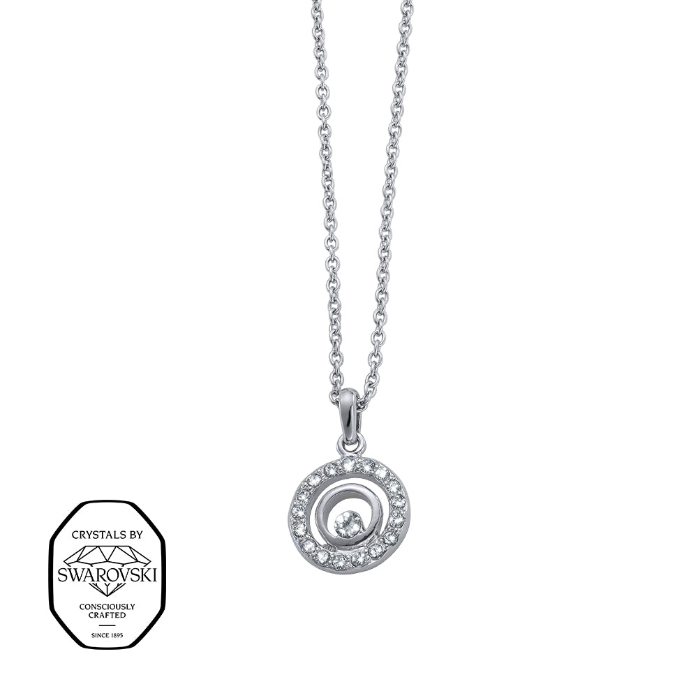 Silberfarbene Halskette mit rundem, doppeltem Kreisanhänger, besetzt mit funkelnden Swarovski® Kristallen.