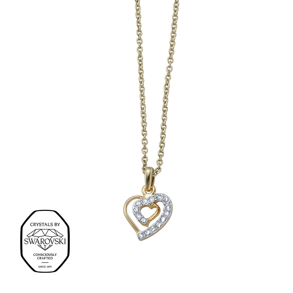 Feine goldfarbene Halskette mit doppeltem Herzanhänger, besetzt mit funkelnden Swarovski® Kristallen.