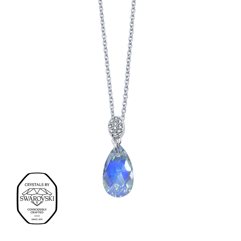 Feine Silber-Halskette mit funkelndem, tropfenförmigem Swarovski® Kristall in Aquablau und ovalem Kristallelement.