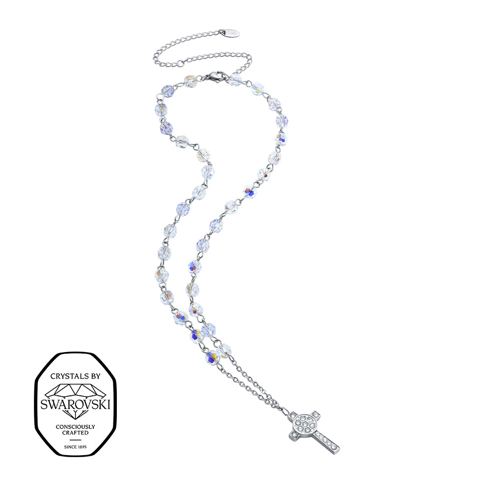 Rosary-Halskette mit funkelnden Swarovski® Kristallen und Kreuzanhänger in Silberoptik.