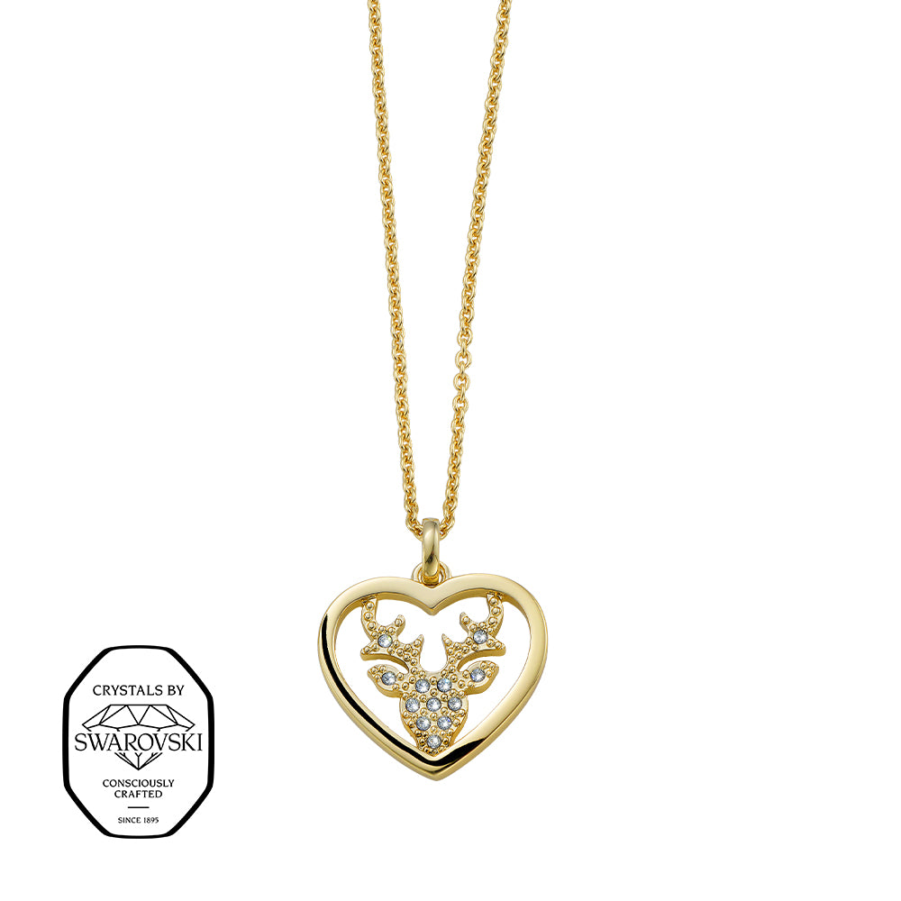 Vergoldete Halskette mit Herzanhänger, Hirschmotiv und Kristallen von Swarovski®