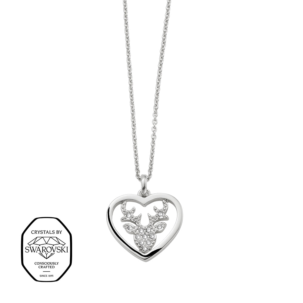 Silberfarbene Halskette mit Herzanhänger, Hirschmotiv und Kristallen von Swarovski®