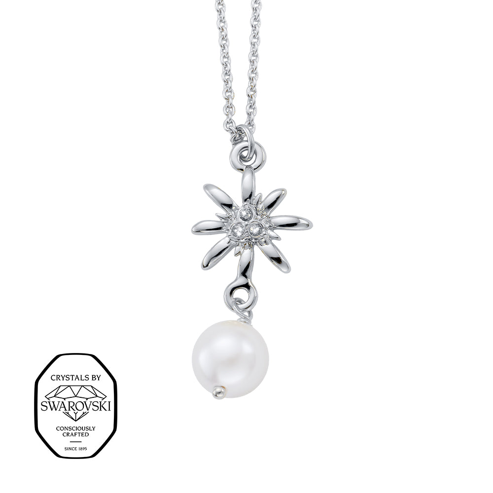 Silberfarbene Halskette mit Edelweiß-Anhänger, Kristallen von Swarovski® und Perle