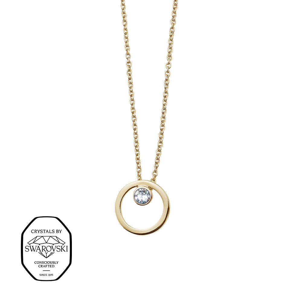 ergoldete Halskette mit offenem Kreis-Anhänger und Swarovski® Kristall in der Mitte.