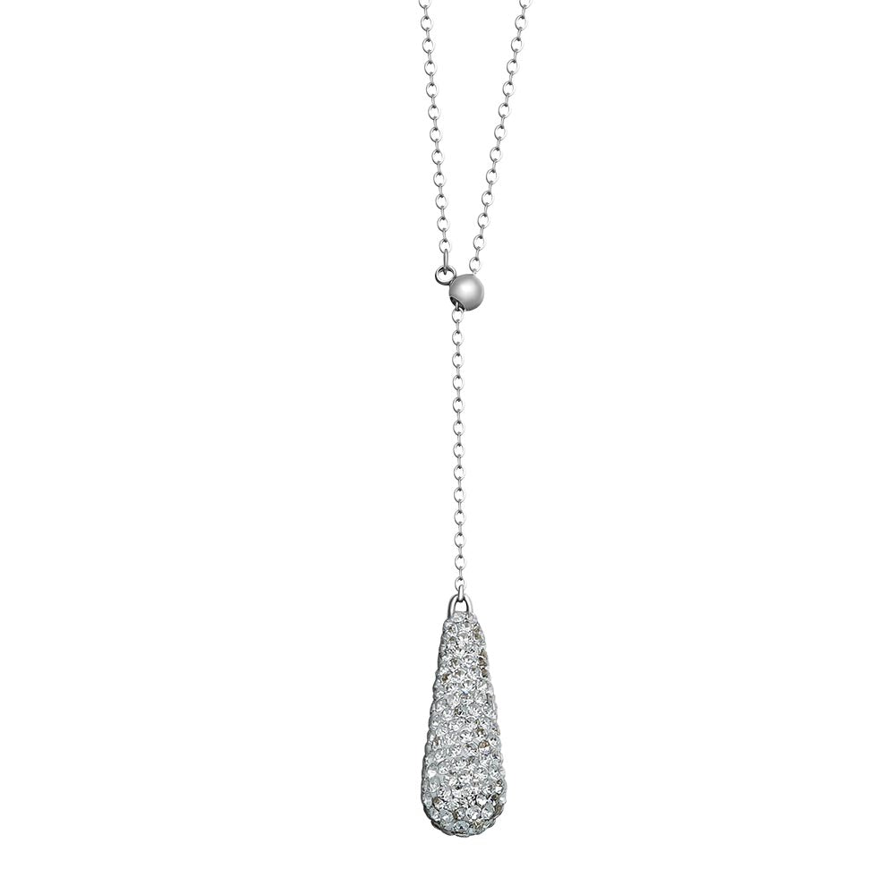Crystalp Halskette mit silberfarbener Kette und tropfenförmigem Anhänger, vollständig besetzt mit funkelnden klaren Kristallen.