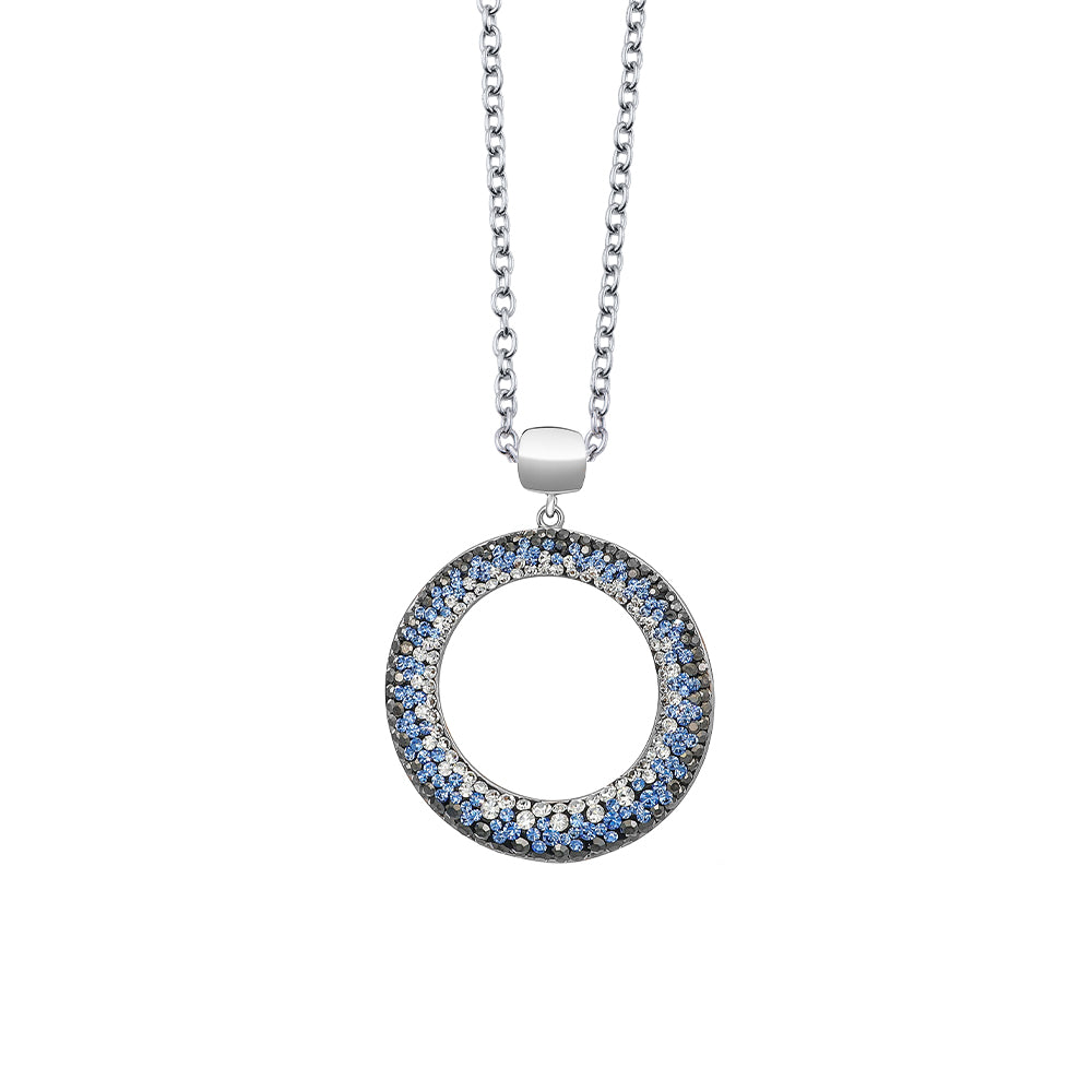 Crystalp runder Anhänger mit blauen und klaren Kristallen, rhodinierte Fassung und Kette.