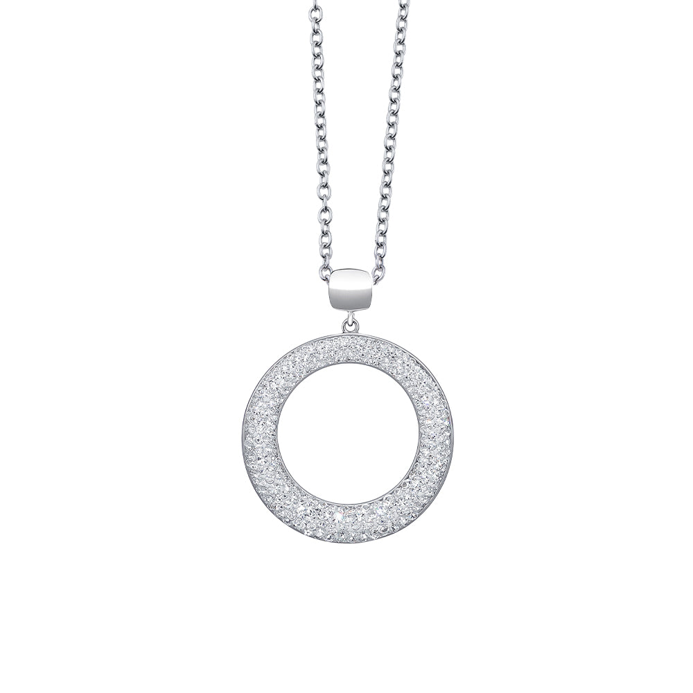 Crystalp runder Anhänger mit klaren Kristallen in silberfarbener Fassung und passender Kette.