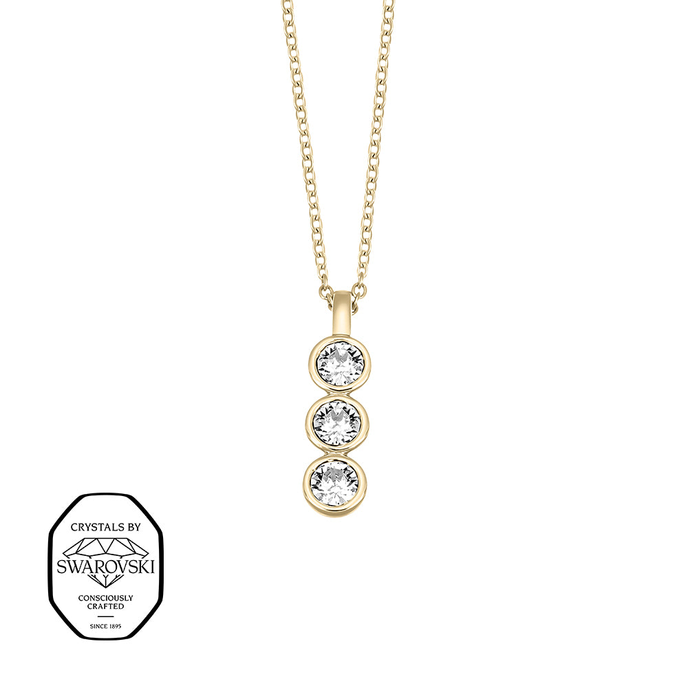 Crystalp Anhänger mit drei klaren Swarovski® Kristallen in runder Fassung, vergoldete Fassung und Kette.