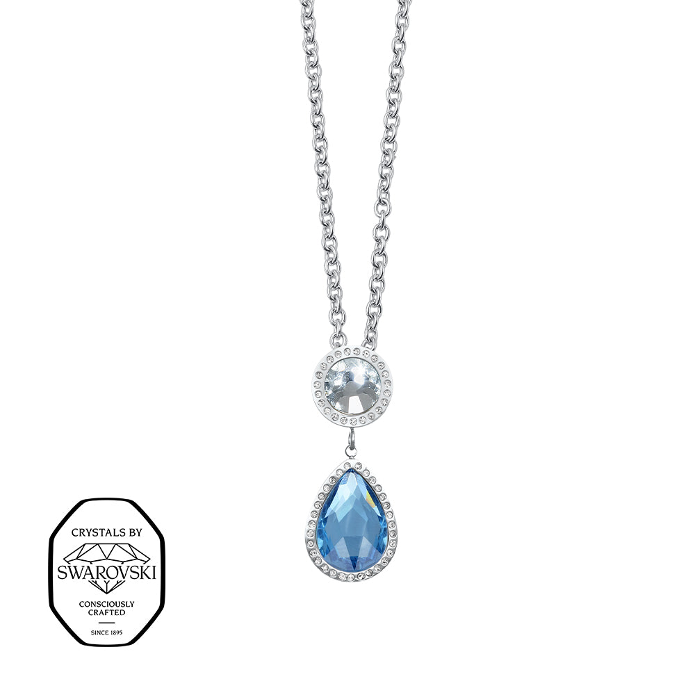 Crystalp Halskette mit großem tropfenförmigem Swarovski® Kristall in Aquablau, rundem klaren Kristall darüber und silberfarbener Fassung, verziert mit kleinen Kristallen.