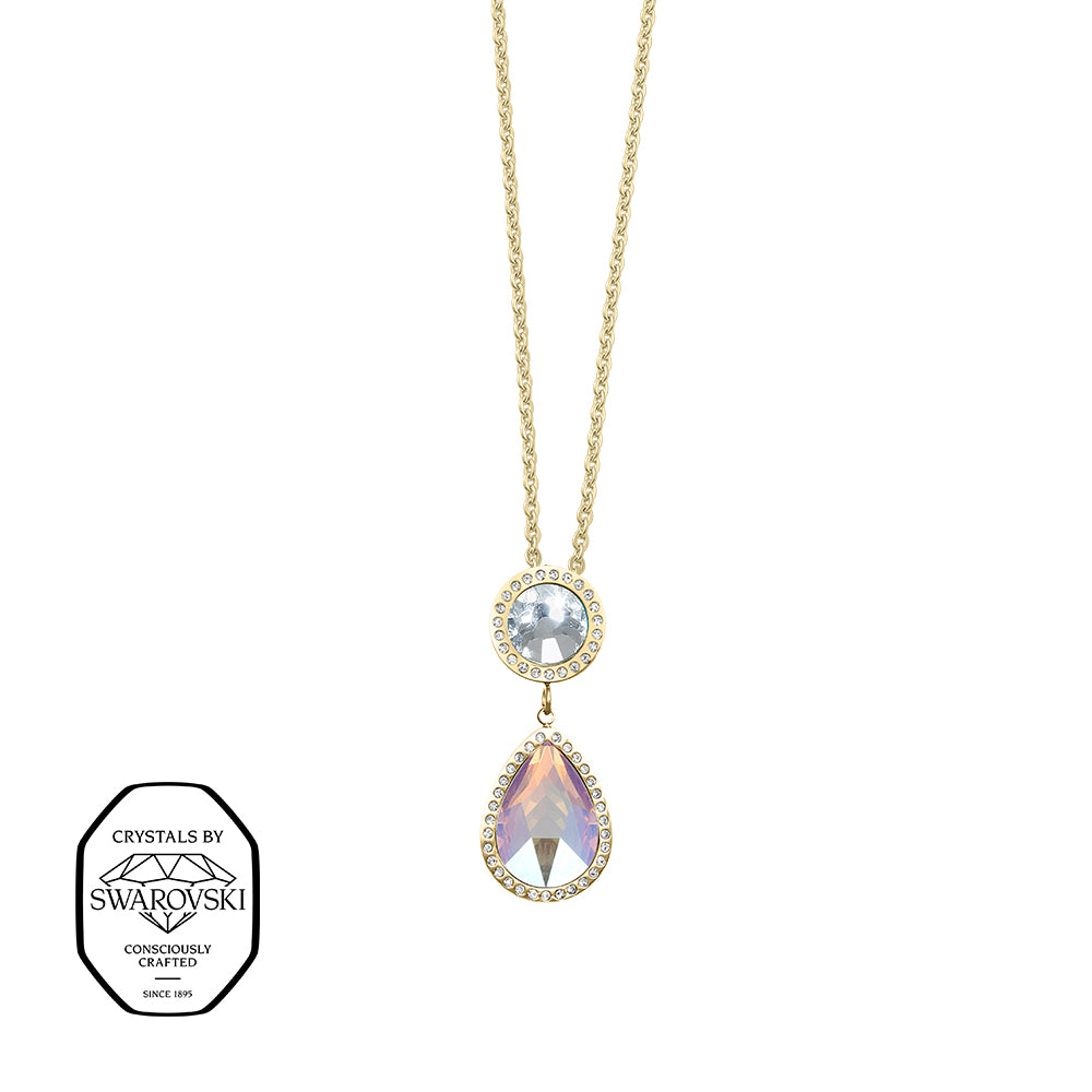 Crystalp Halskette mit tropfenförmigem Swarovski® Kristall in schillerndem AUrora Borealis, darüber ein runder klarer Kristall, beide in goldfarbener Fassung mit kleinen klaren Kristallen verziert.