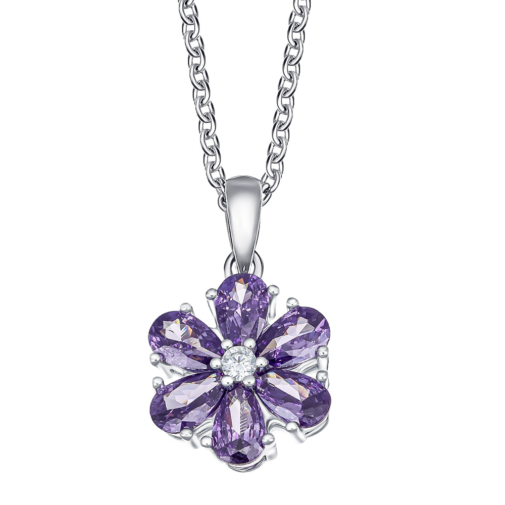 Silberne Halskette mit blumenförmigem Anhänger aus sechs violetten tropfenförmigen Kristallen und kleinem klaren Mittelstein, facettiert, Marke Crystalp