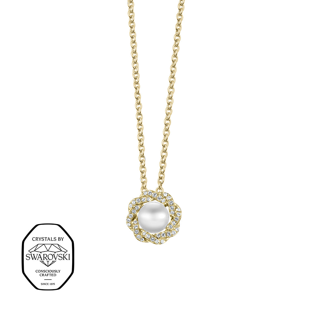 Vergoldete Halskette mit Perlenanhänger, umrahmt von funkelnden Kristallen von Swarovski®