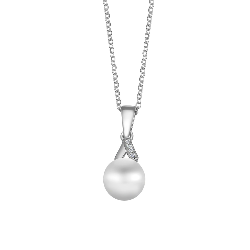Silberfarbene Halskette mit weißem Perlenanhänger und kleinen klaren Kristallen, Schmuck von Crystalp