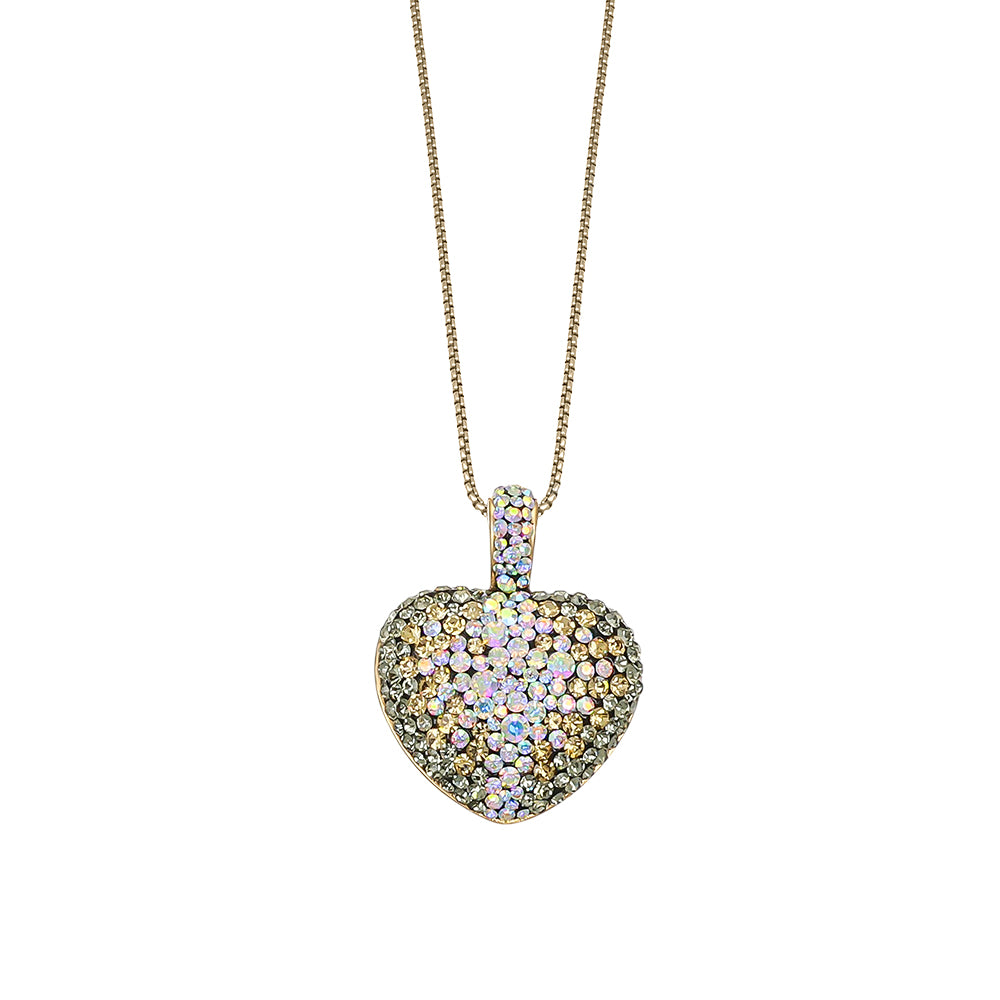Herzanhänger-Halskette in Gold mit schimmernden champagnerfarbenen und irisierenden Kristallen, Schmuck von Crystalp