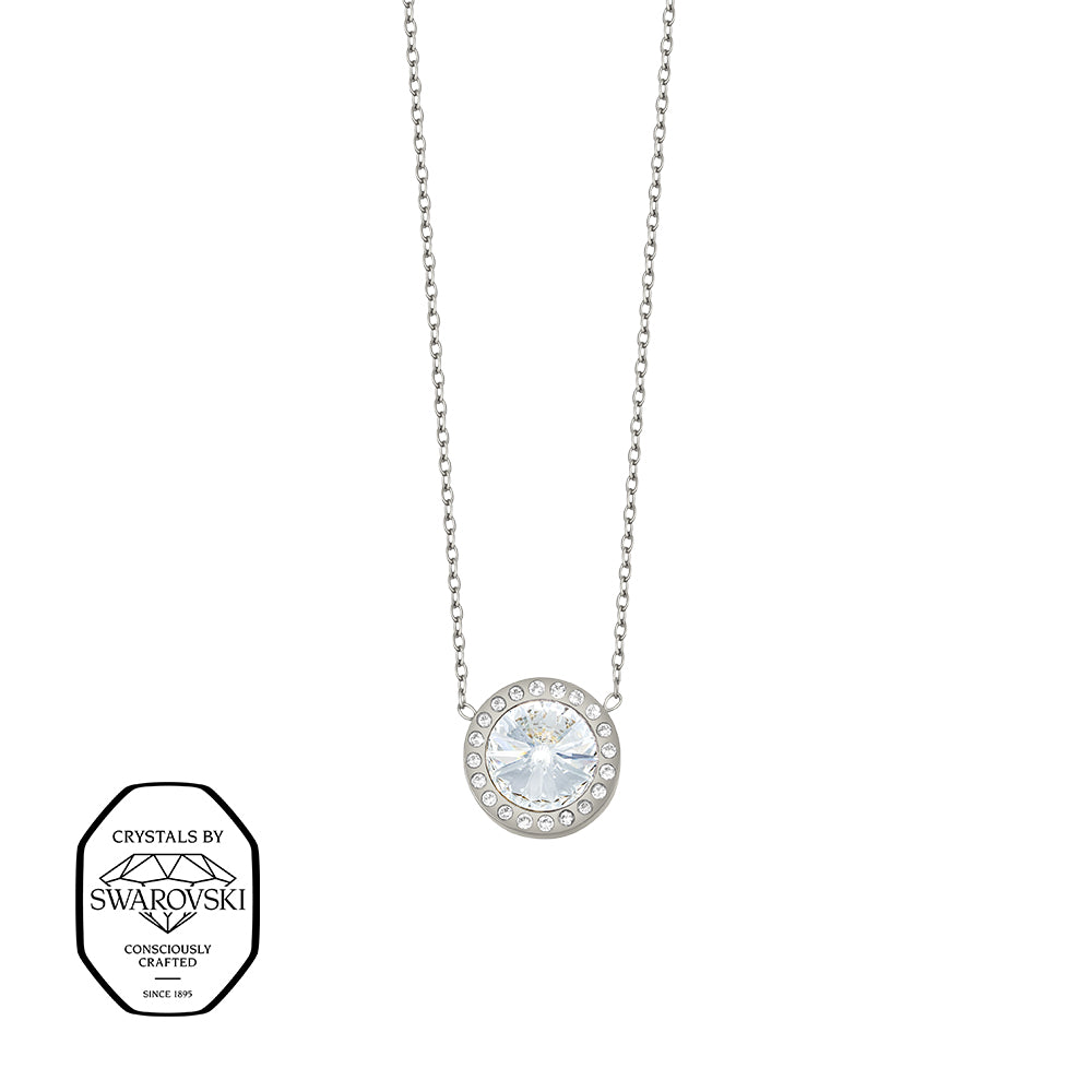 Silberfarbene Damen-Halskette mit rundem Weißen Anhänger und Kristallen, eleganter Modeschmuck mit Kristallen von Swarovski®